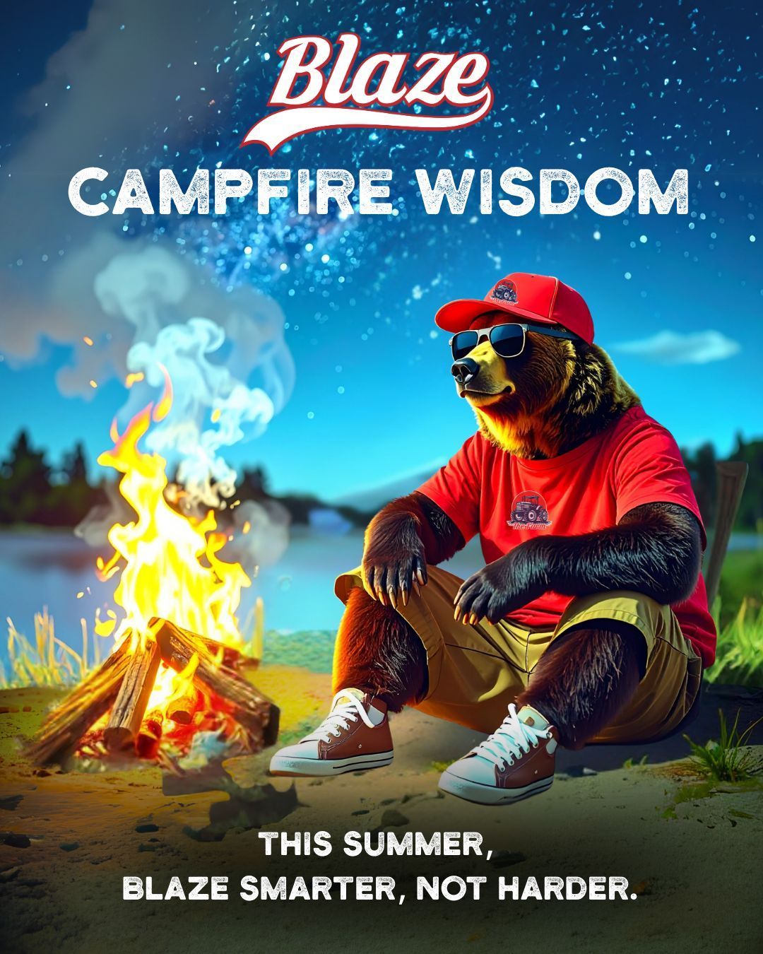 Poster of a bear is sitting in front of a campfire. The bear reflects on wisdom to blaze smarter not harder. 