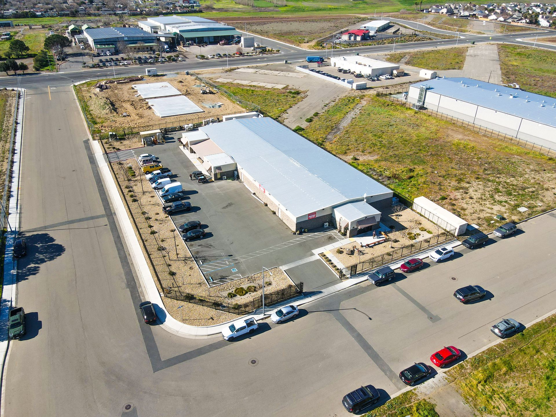 An aerial view of Rio Vista Farms cannabis dispensary, located in Rio Vista, California.