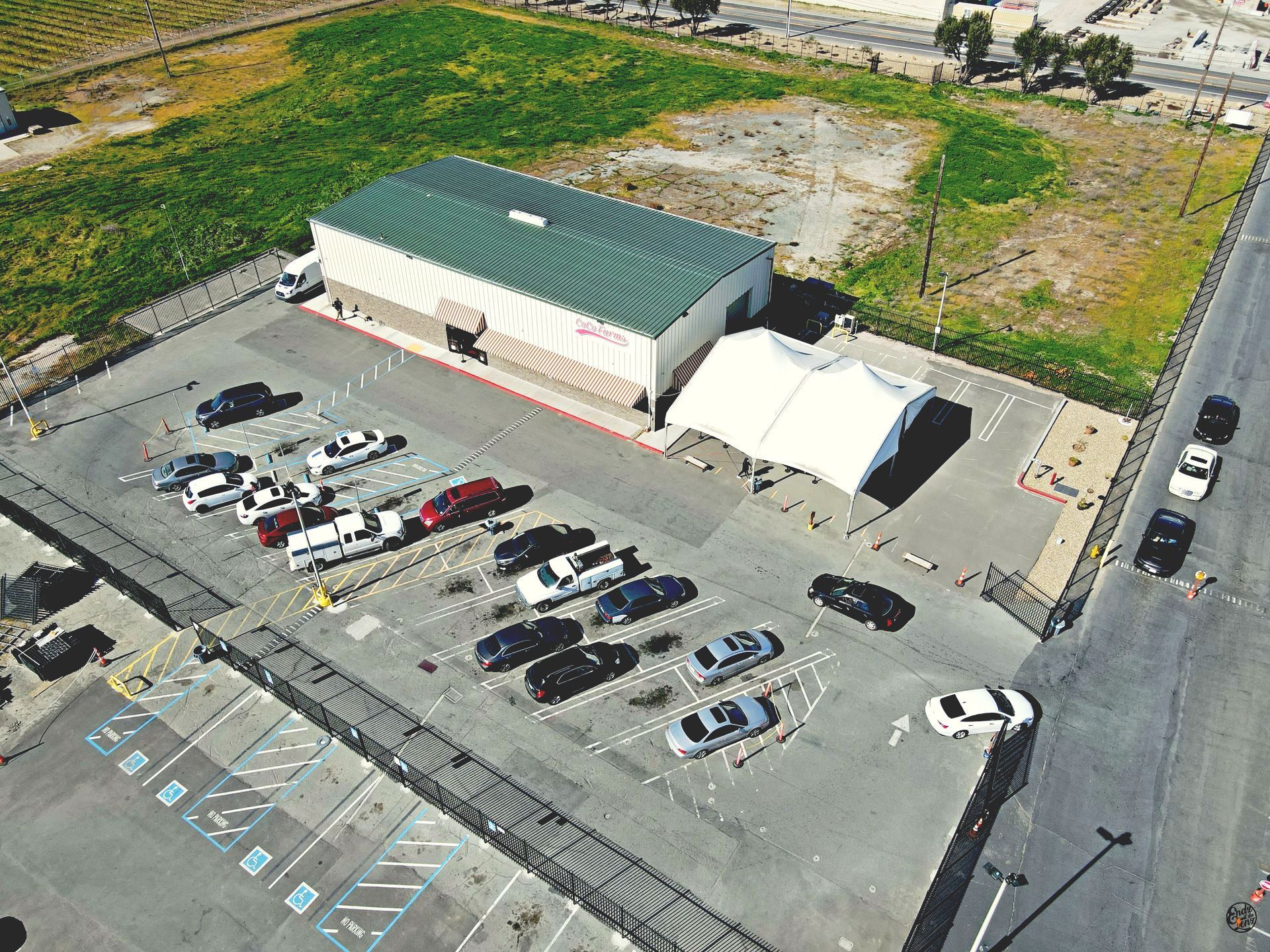 An aerial view of CoCo Farms cannabis dispensary located in Anioch, California.