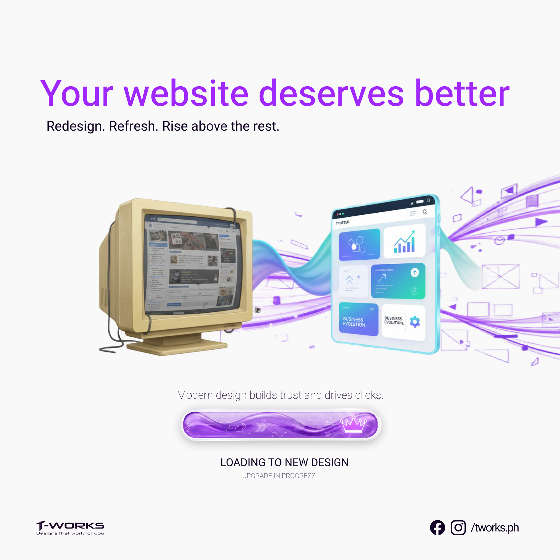 Before and after comparison of a modern website redesign by T-Works showing improved layout