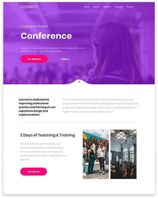A purple landing page for a conference with a woman speaking into a microphone.