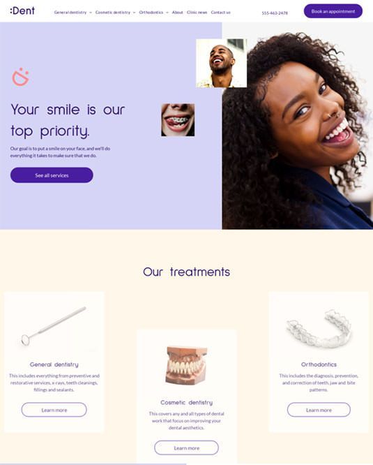 A woman is smiling on the homepage of a dental website.