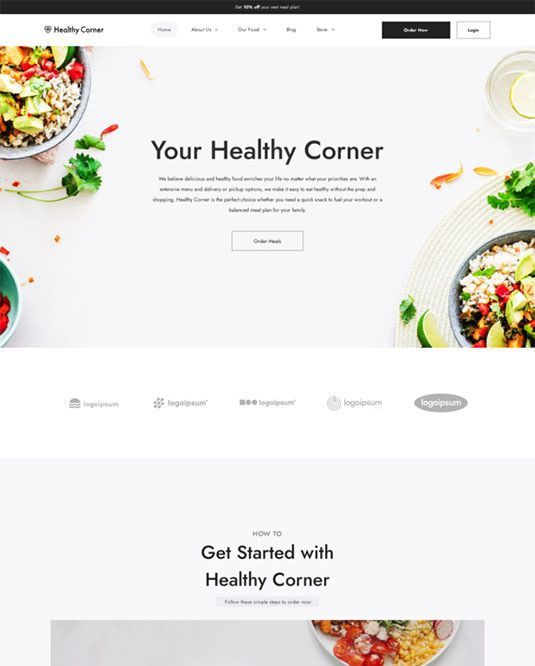 A healthy corner website with a picture of a bowl of food.