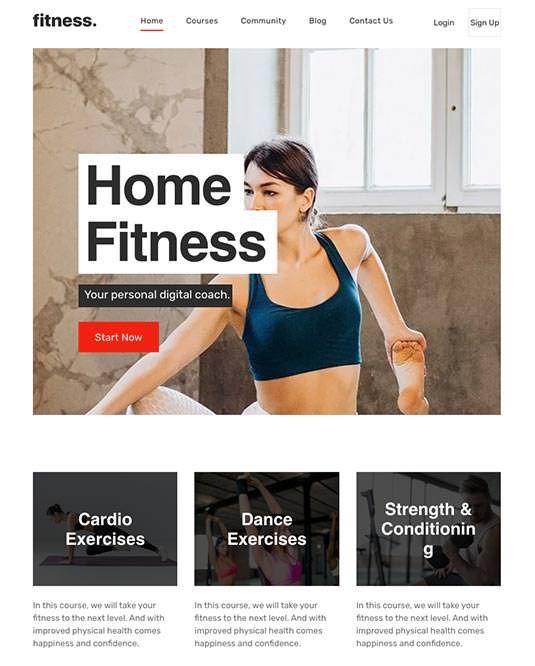 A screenshot of a home fitness website with a woman doing exercises.