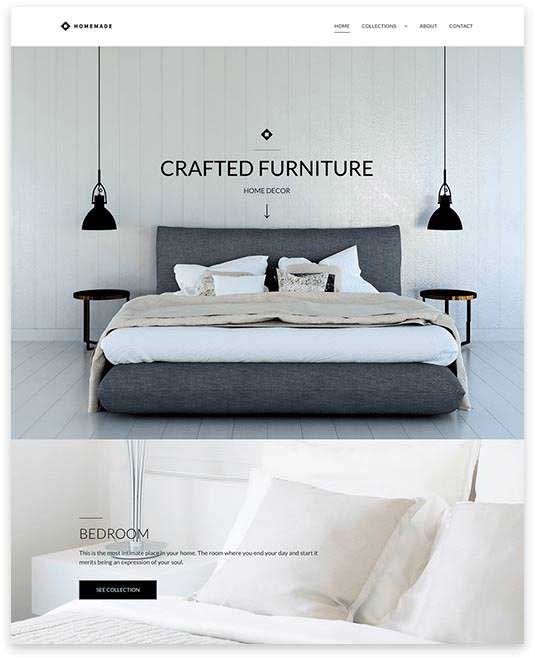 A bedroom with a bed and two lamps hanging from the ceiling.