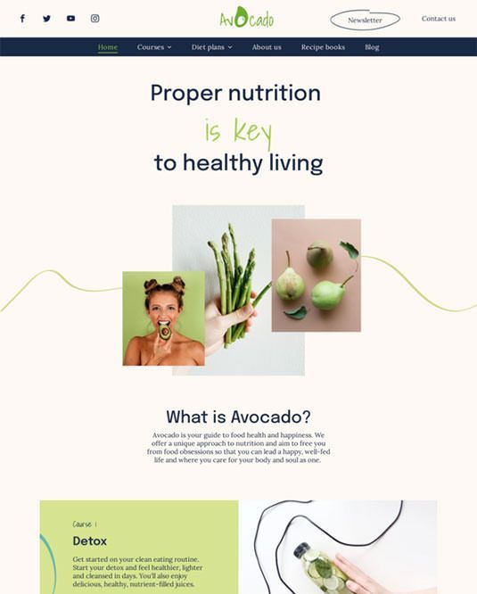 A screenshot of a website that says proper nutrition is key to healthy living.