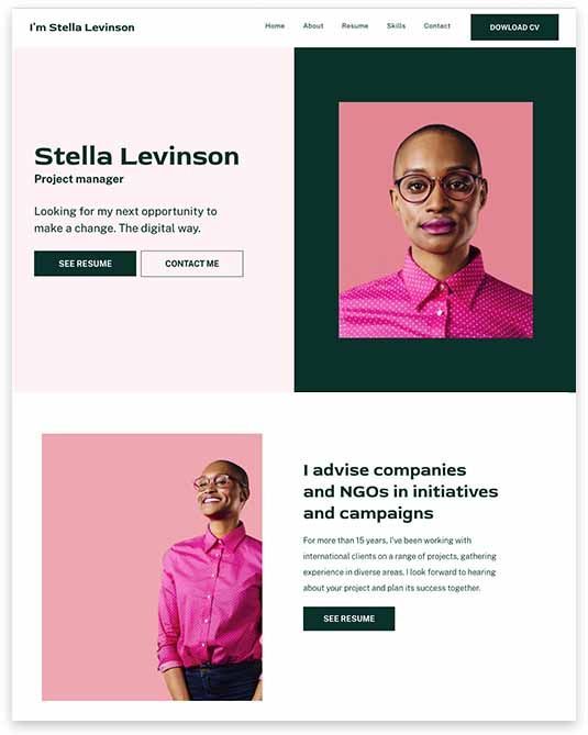 A woman in a pink shirt and glasses is on a website.