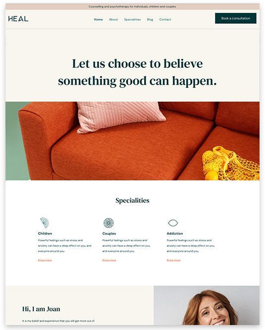 A website for a company called heal shows a couch with a pillow on it.