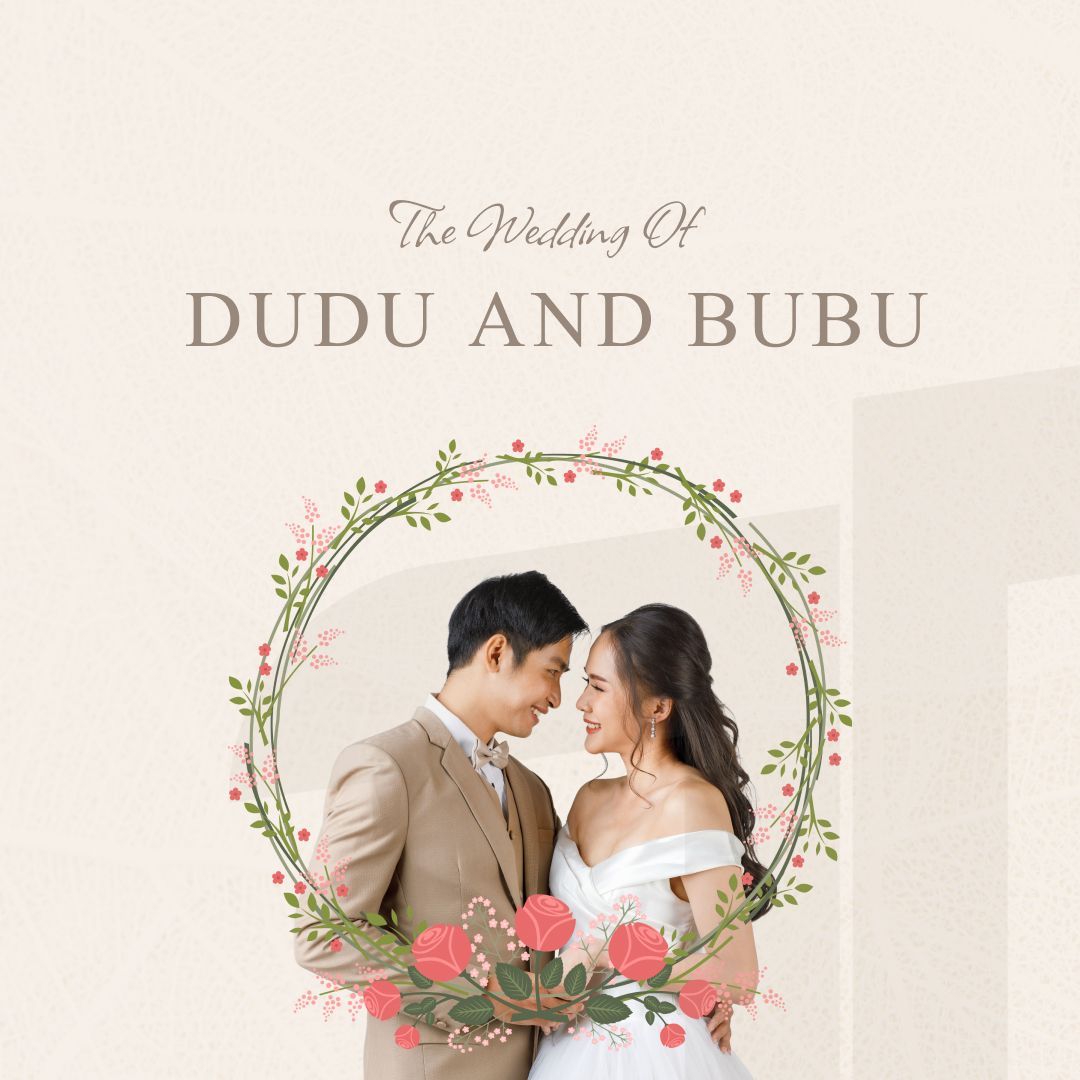 A bride and groom are standing next to each other in a wreath of flowers.