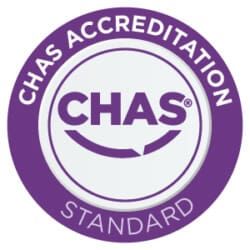 The chas accreditation standard logo is a purple circle with a smile on it.