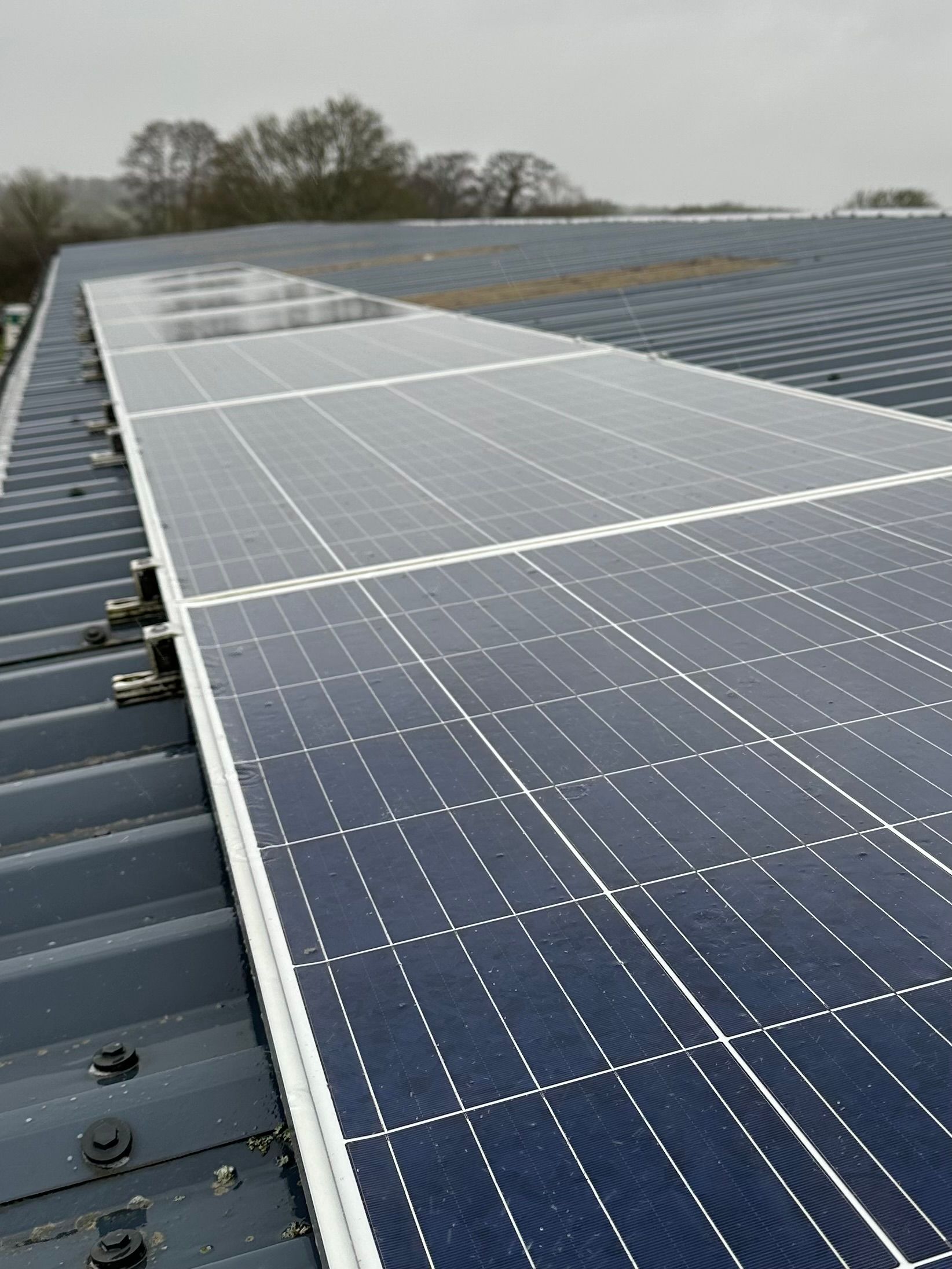 A man is cleaning solar panels on the roof of a house.