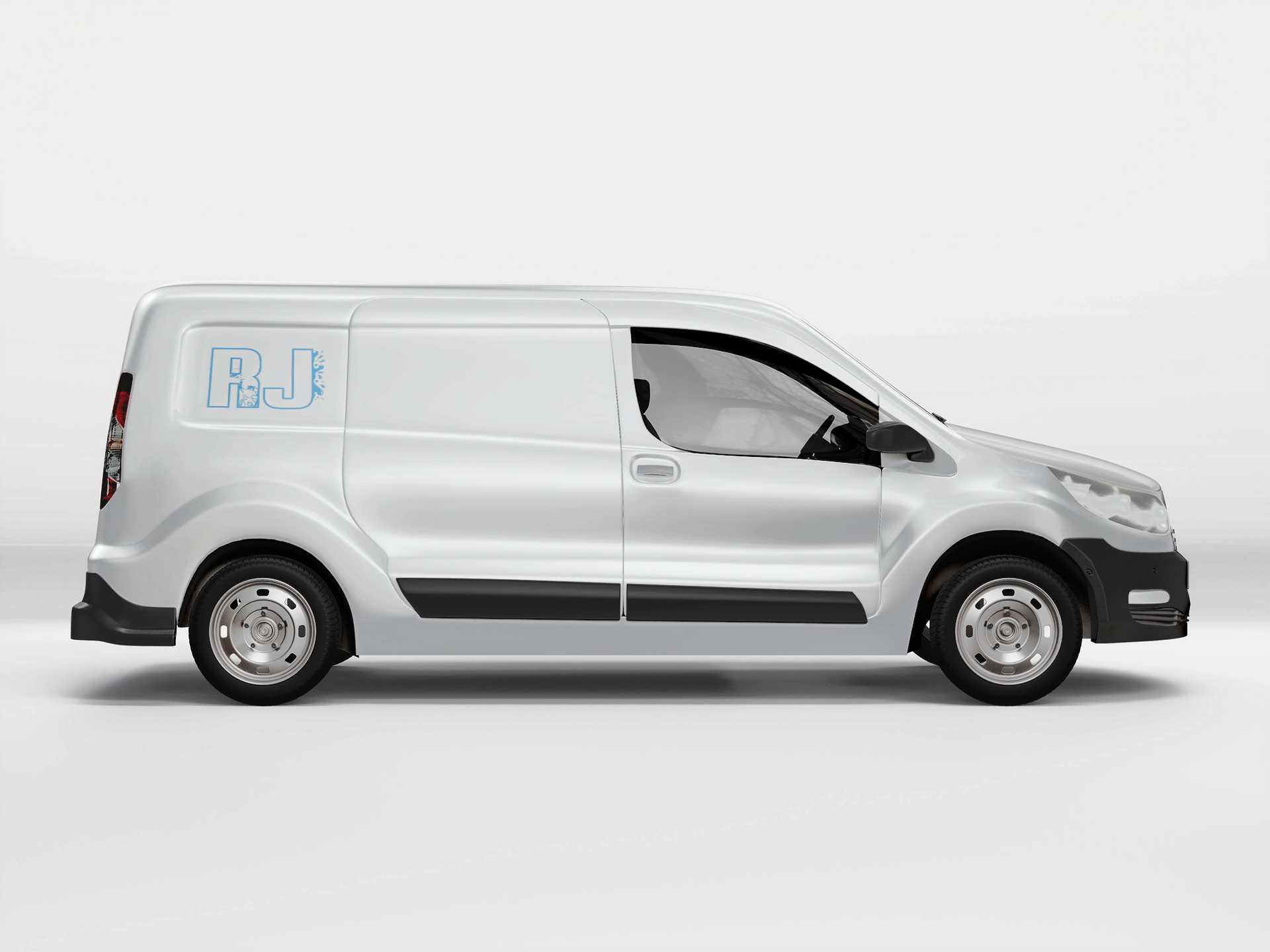 A white van is parked on a white surface.