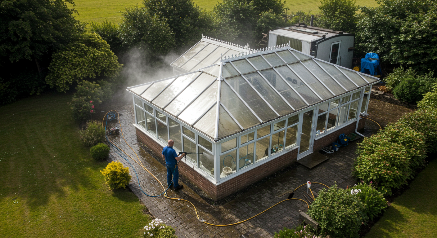 A man is cleaning a greenhouse with a high pressure washer.
