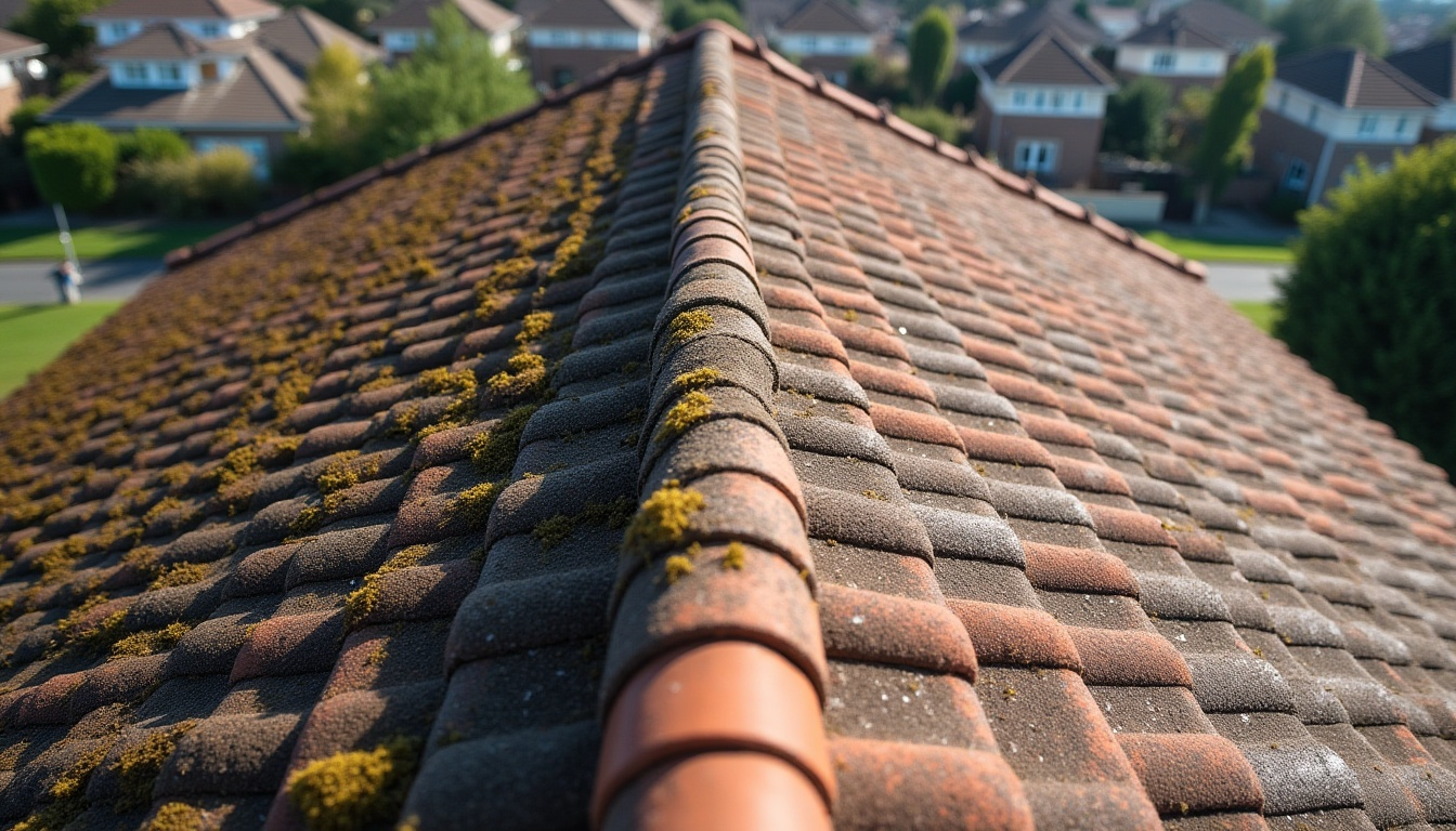 A roof with a lot of tiles and moss on it