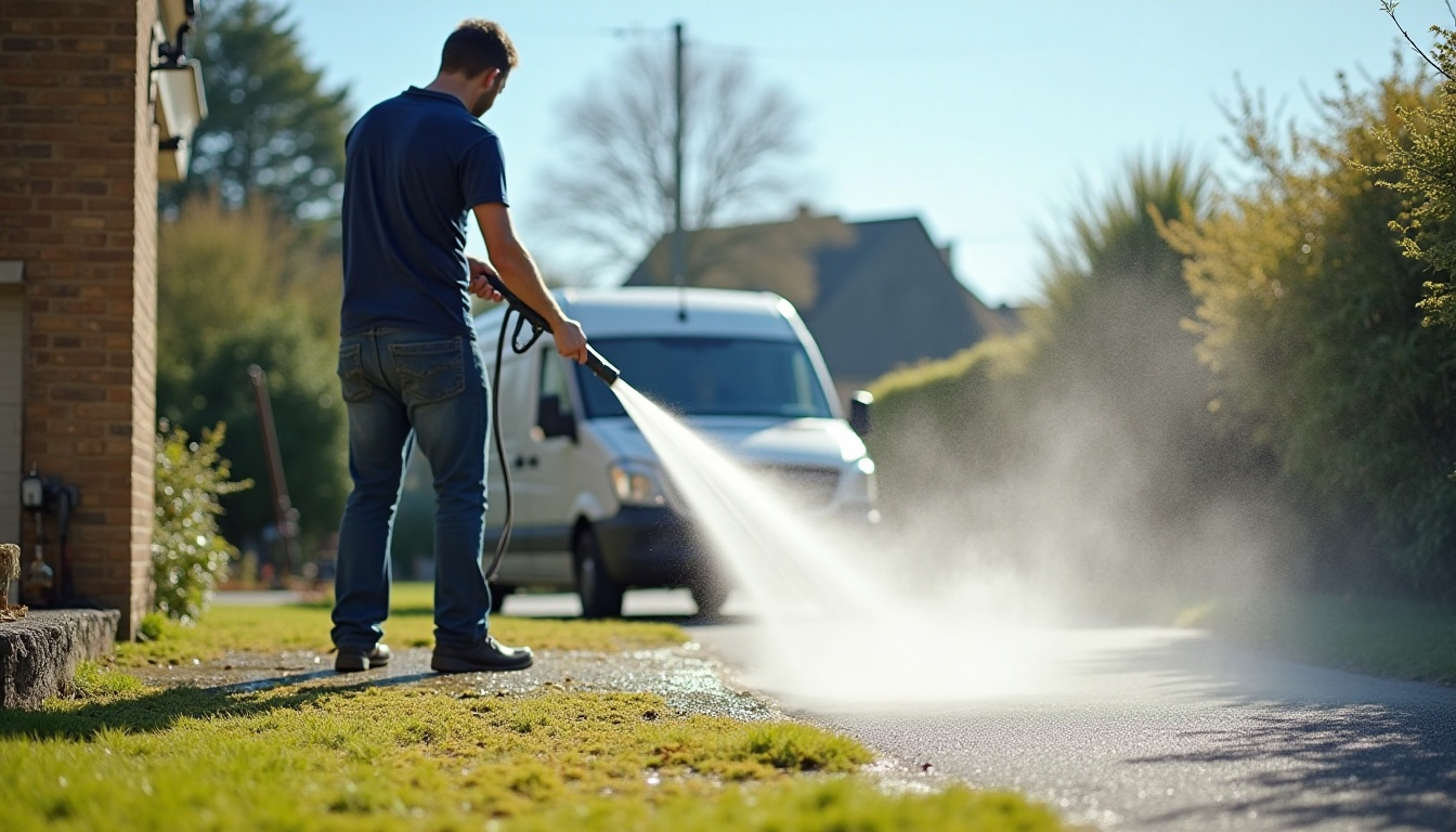 A man is using a high pressure washer to clean his driveway.