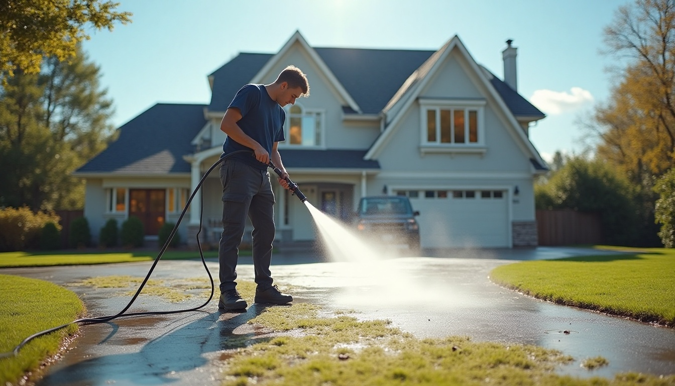 A man is using a high pressure washer to clean his driveway in front of his house.