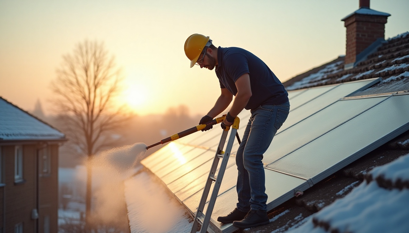 A man is cleaning solar panels on the roof of a house.