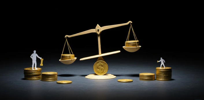 Balance scale with stacks of coins and miniature figures, representing financial concepts.