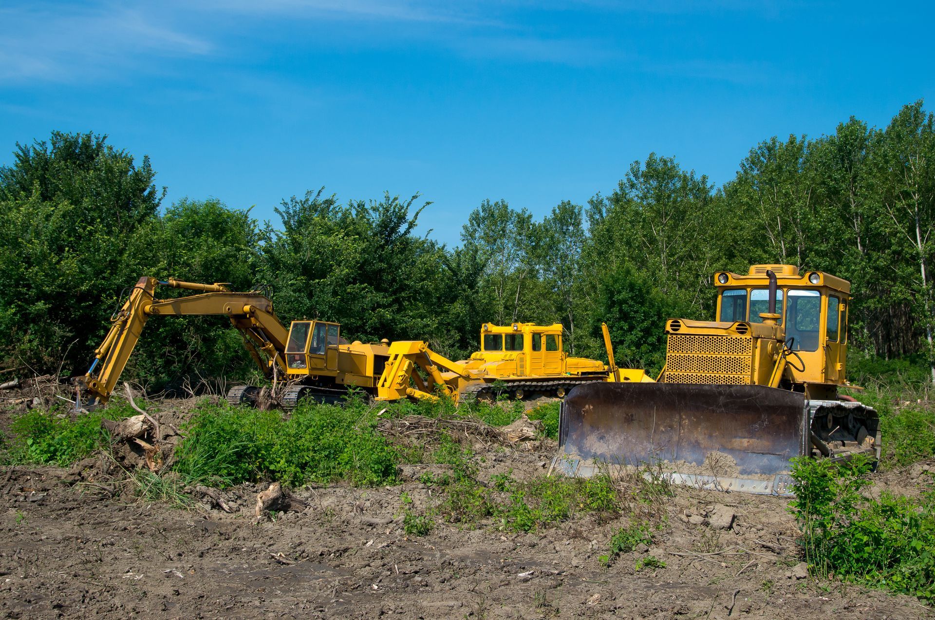 Mechanical site preparation for forestry. An excavator and a bulldozer are clearing forest land. Mechanical site preparation for forestry. An excavator and a bulldozer are clearing forest land.