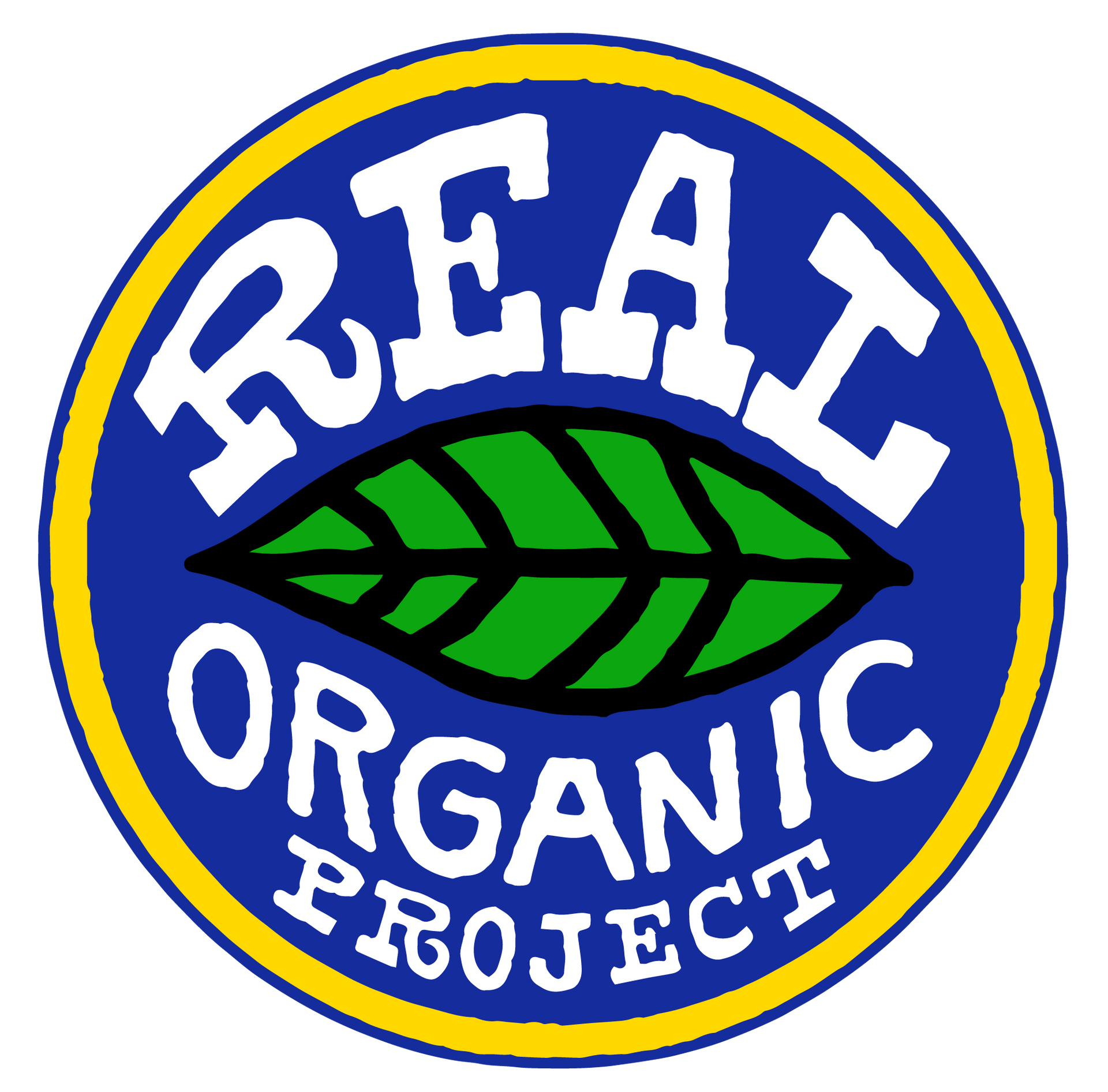 Logo for the Real Organic Project: Blue circle with white text and a green leaf icon.