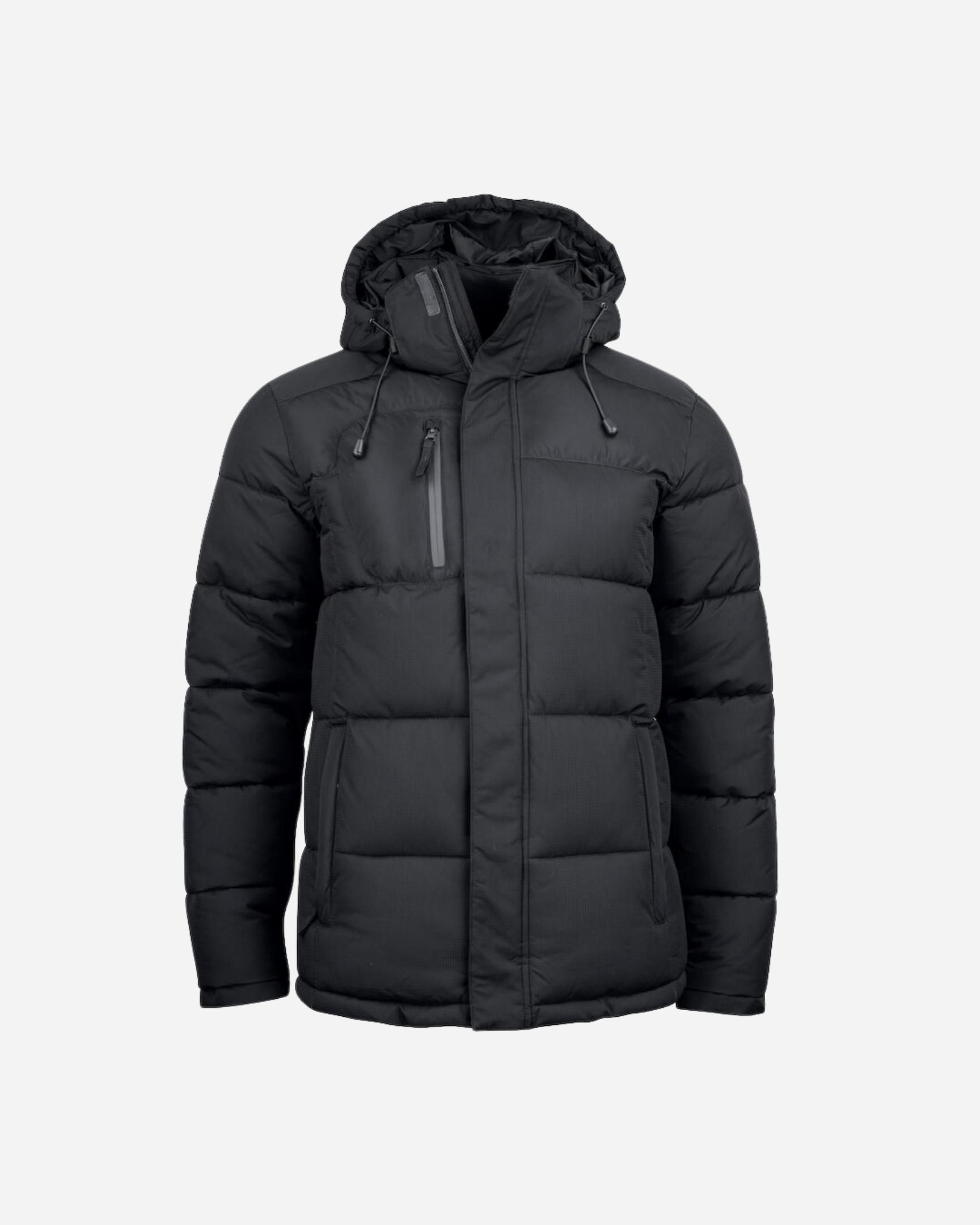 Husky Coat: a black padded jacket with a hood on a white background