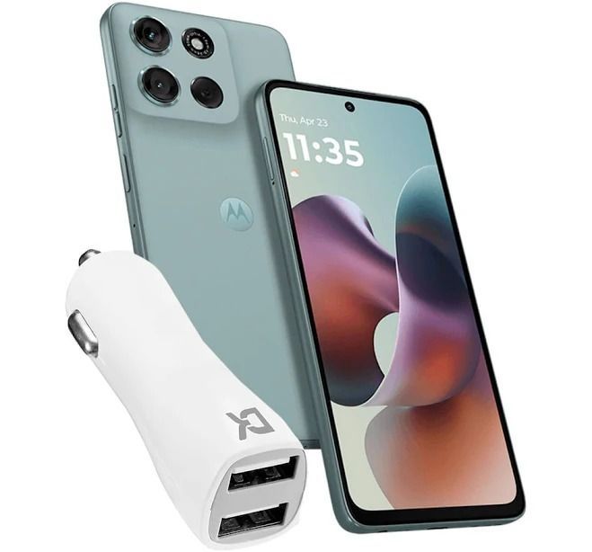 Un teléfono inteligente Motorola negro que muestra las vistas frontal y trasera, acompañado de un adaptador de carga de 33 W sobre un fondo blanco.