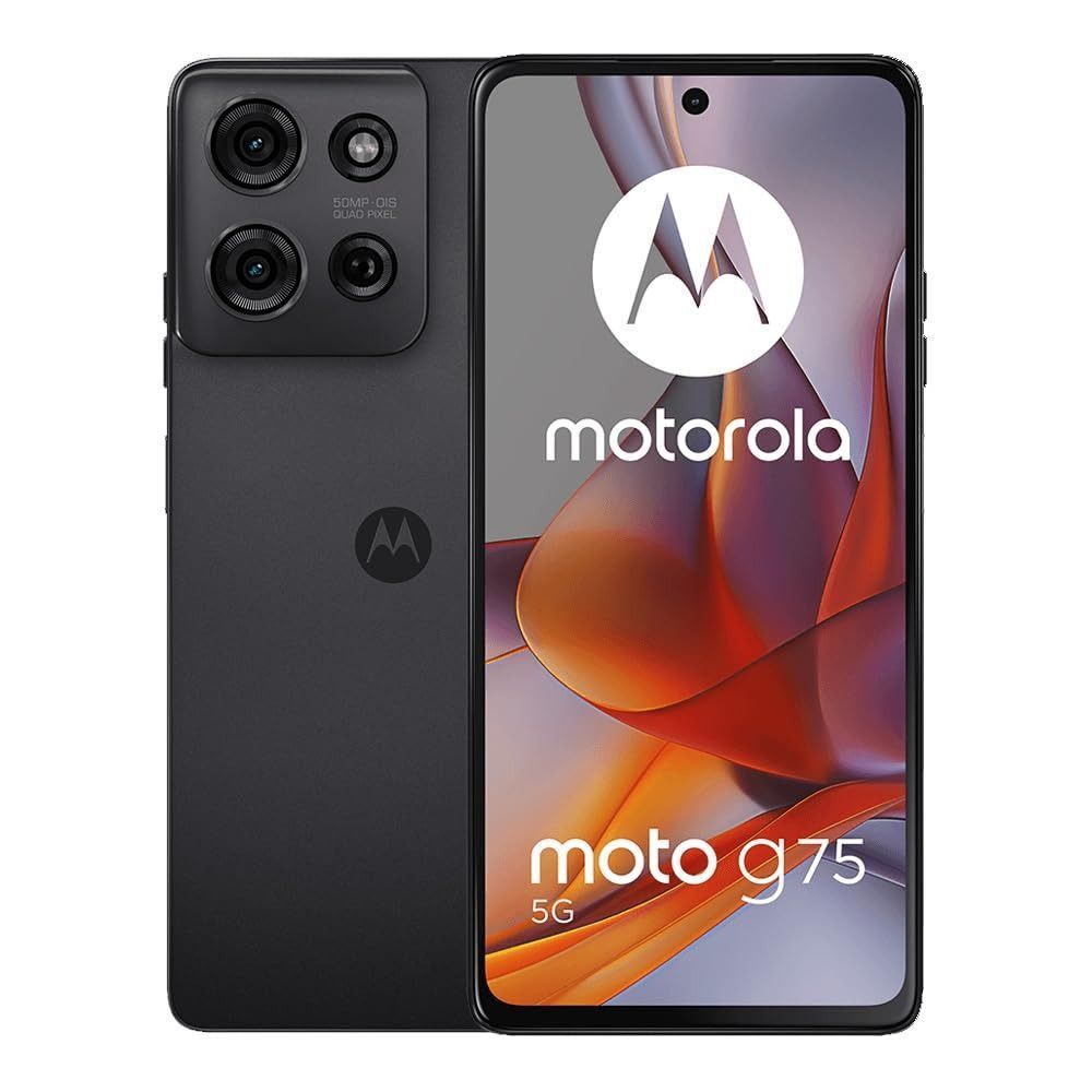 Vista frontal y trasera de un smartphone Motorola Moto G75 5G negro con su logotipo y marca mostrados en la pantalla.