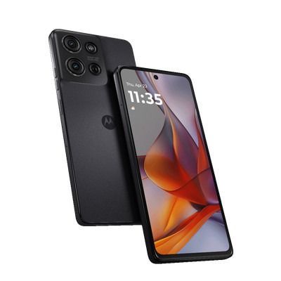 Vista frontal y trasera de un smartphone Motorola Moto G75 5G negro con su logotipo y marca mostrados en la pantalla.