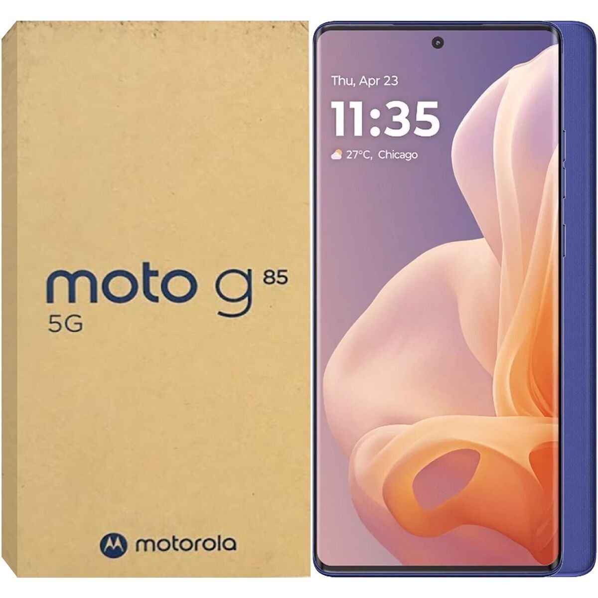 Un teléfono inteligente Motorola moto g85 5G junto a su caja de cartón.