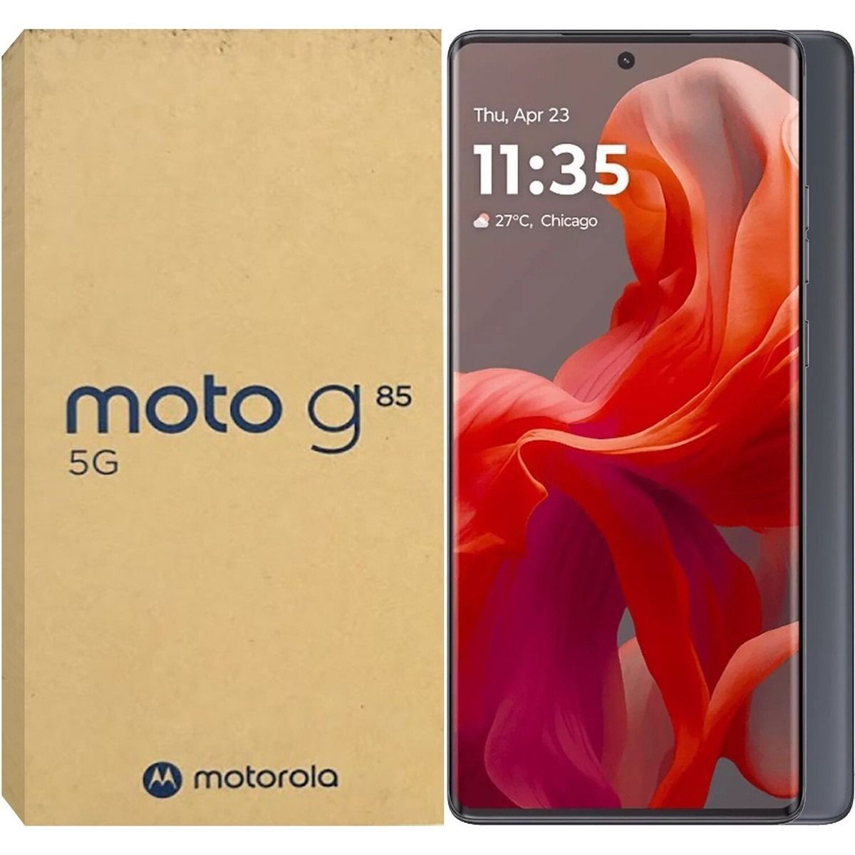Un teléfono inteligente Motorola moto g85 5G junto a su caja de cartón.