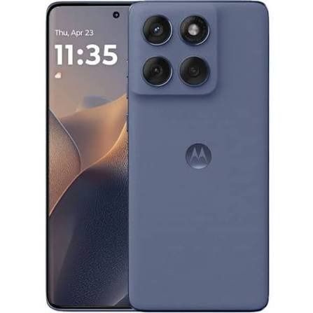 Dos teléfonos inteligentes Motorola de color azul oscuro, mostrados desde la parte posterior y frontal sobre un fondo claro liso.