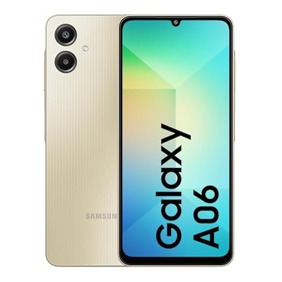 Se muestra un smartphone Samsung Galaxy A06 de color dorado, tanto por delante como por detrás, que cuenta con una cámara de doble lente y una textura a rayas.