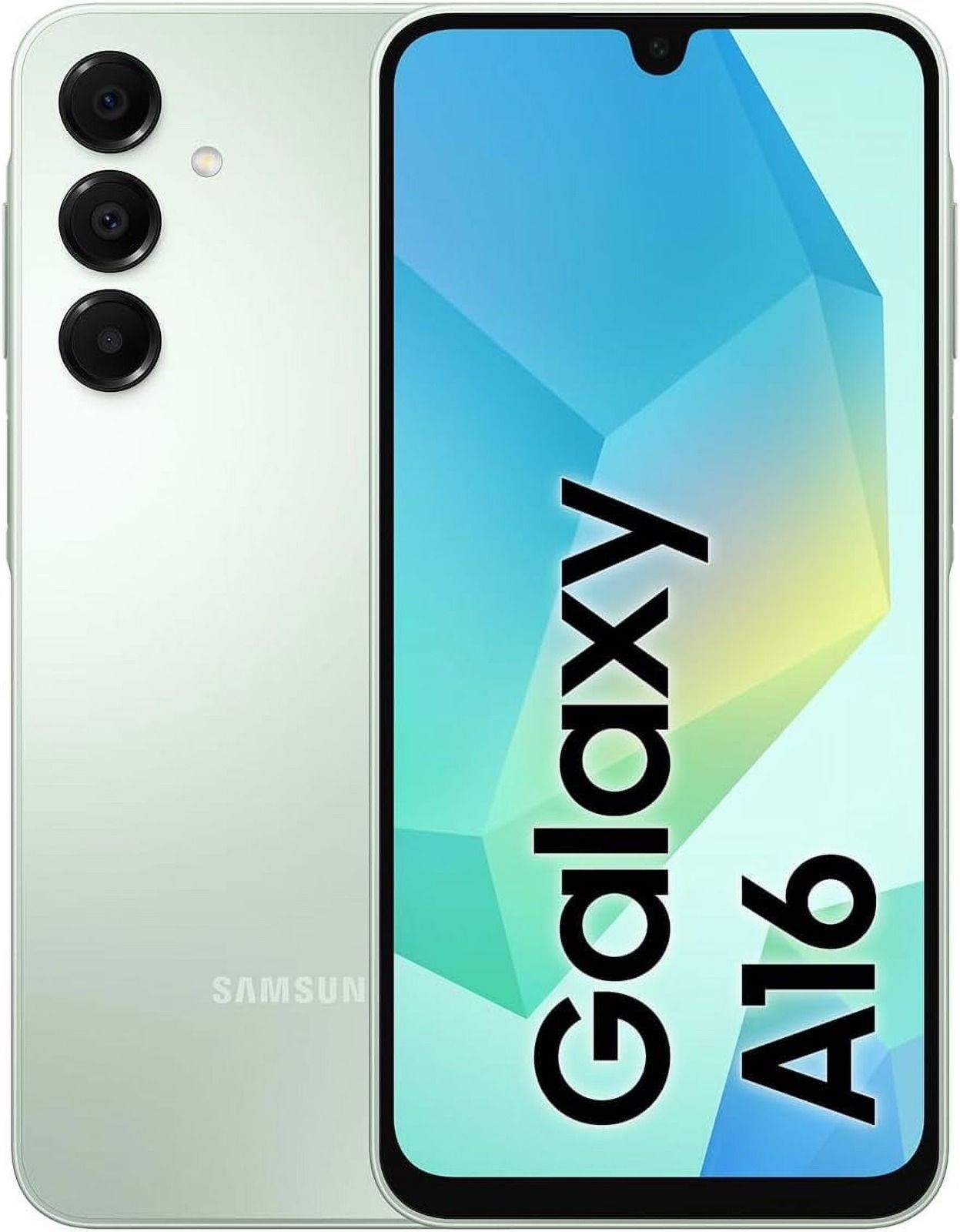 Smartphone Samsung Galaxy A16 de color verde claro, mostrado tanto desde la parte trasera con su configuración de triple cámara como desde la pantalla frontal.