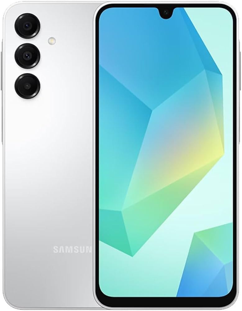 Smartphone Samsung Galaxy A16 de color verde claro, mostrado tanto desde la parte trasera con su configuración de triple cámara como desde la pantalla frontal.
