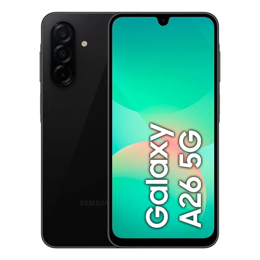 Un smartphone Samsung Galaxy A26 5G negro que muestra su configuración de triple cámara trasera y su pantalla frontal con un fondo de pantalla verde.
