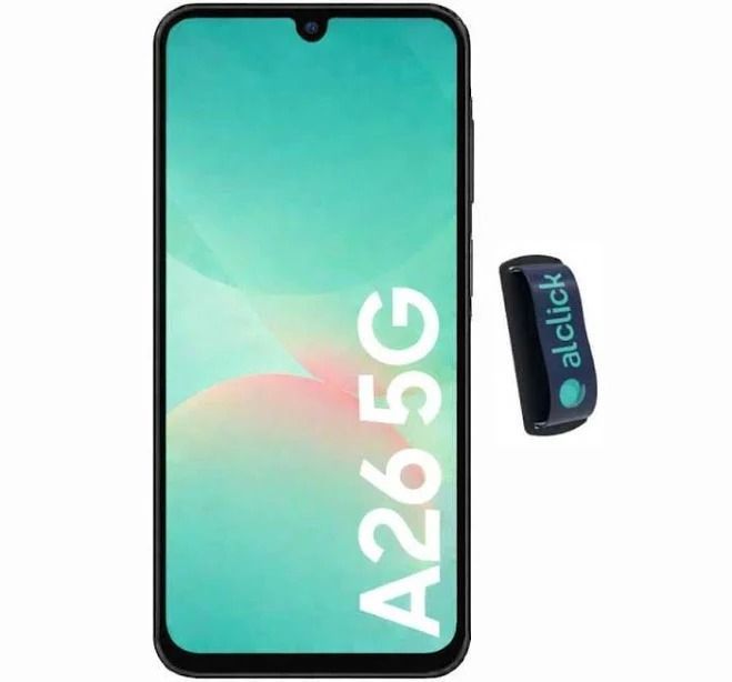 Un teléfono inteligente negro con pantalla 5G junto a un pequeño accesorio de color oscuro de la marca 