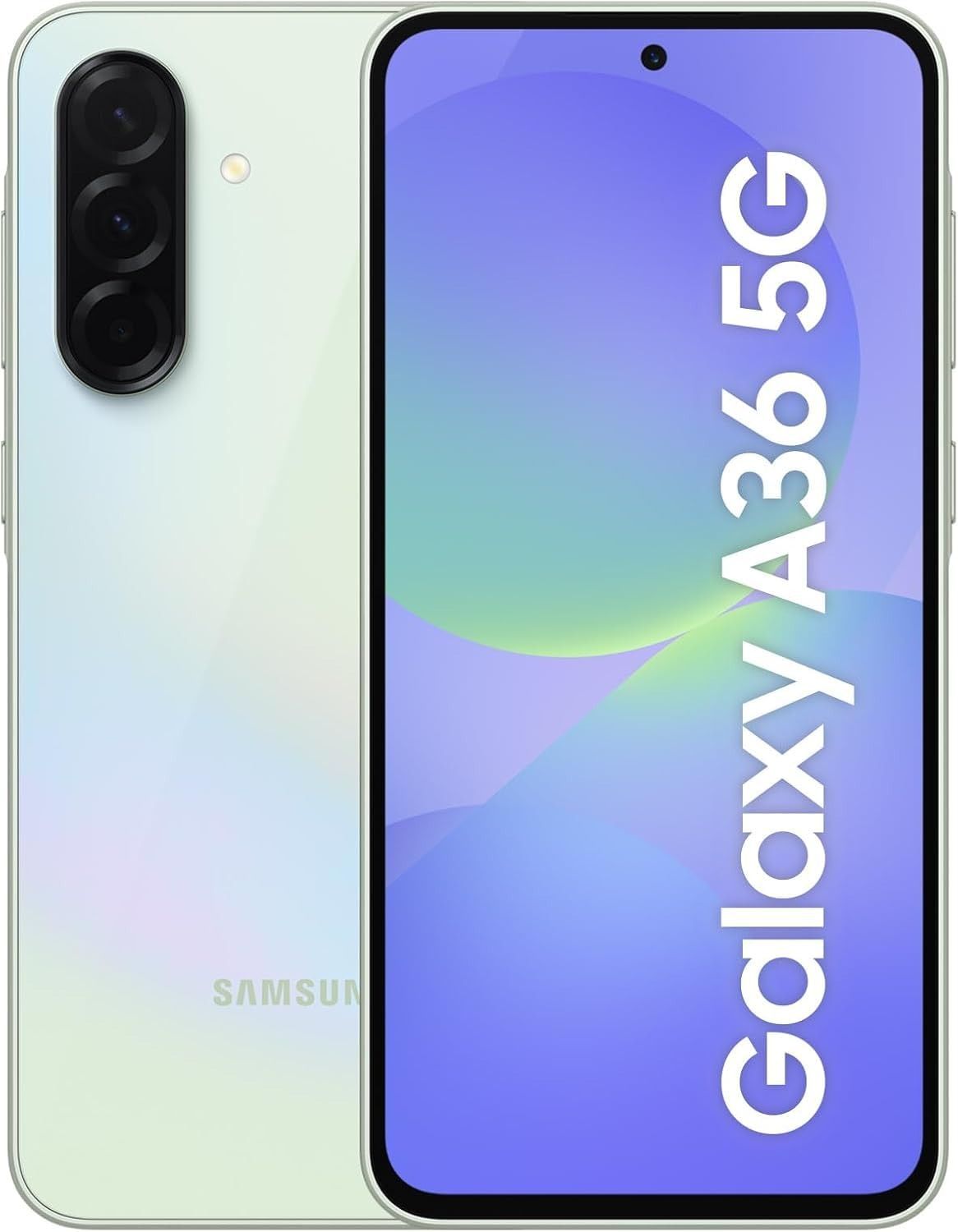 Se muestra un smartphone Samsung Galaxy A36 5G desde la parte frontal y posterior, con un acabado iridiscente de color verde claro.