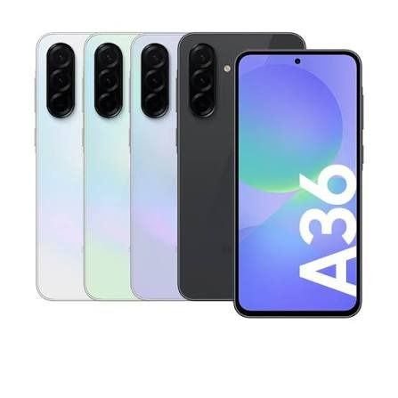 Se muestra un smartphone Samsung Galaxy A36 5G blanco desde la parte frontal y posterior, con un acabado jaspeado y una pantalla morada.