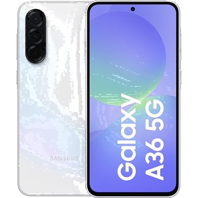 Se muestra un smartphone Samsung Galaxy A36 5G blanco desde la parte frontal y posterior, con un acabado jaspeado y una pantalla morada.