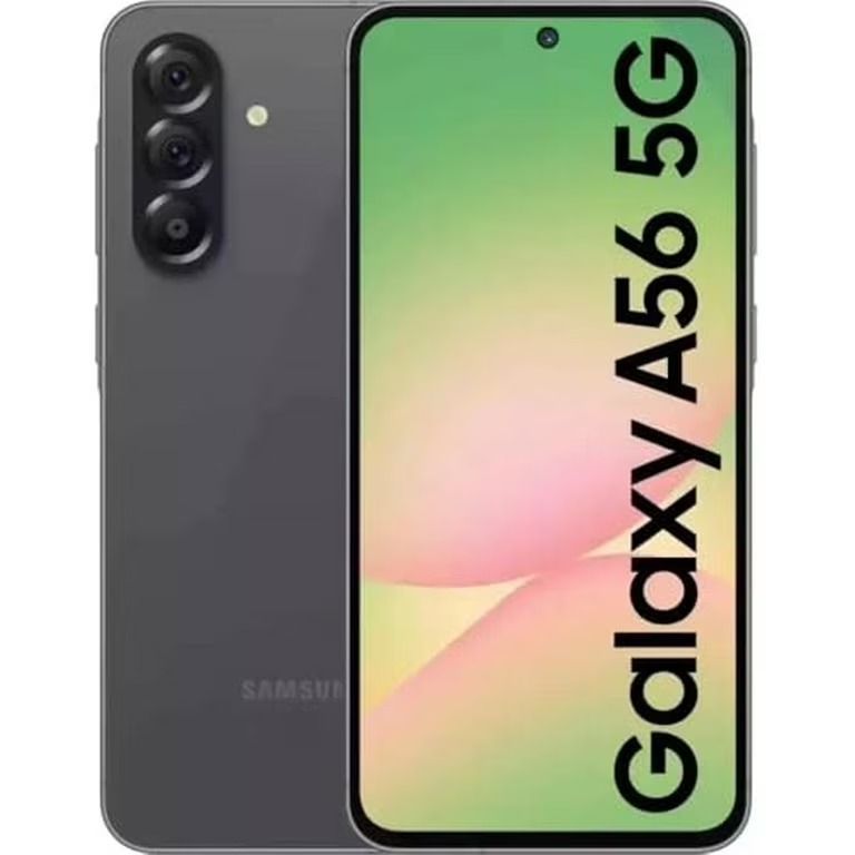 Un smartphone Samsung Galaxy A56 5G de color gris oscuro, visto desde la parte frontal y posterior sobre un fondo liso.