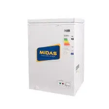 Congelador horizontal Midas de color blanco con tapa cerrada, logotipo azul y panel de control.