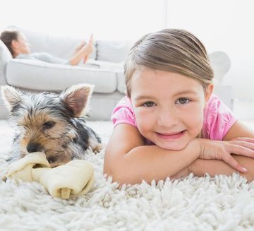 happy girl and doggie on clean carpet