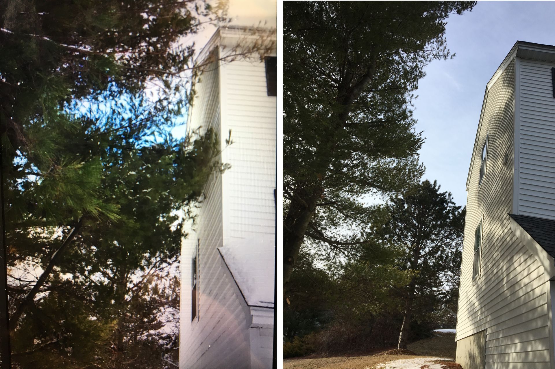 A before and after picture of a house with trees in front of it