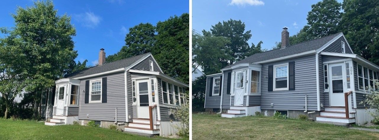 A before and after picture of a tree in a yard.