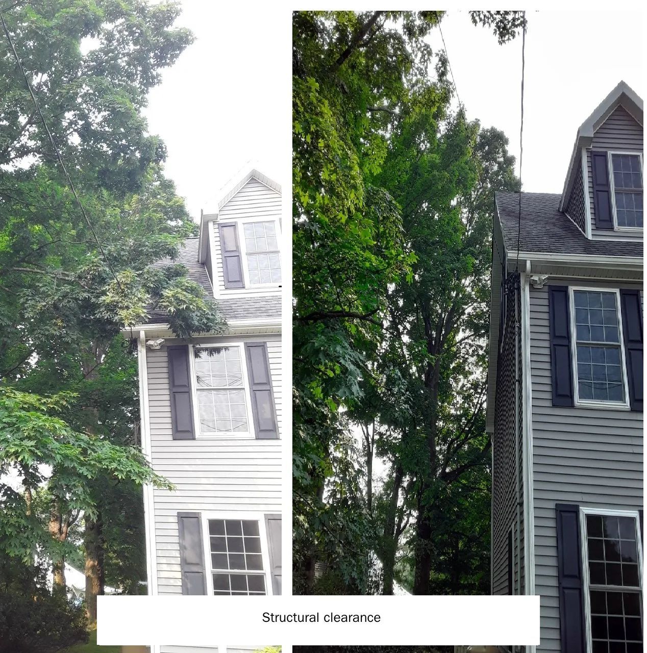 A before and after photo of a house with black shutters