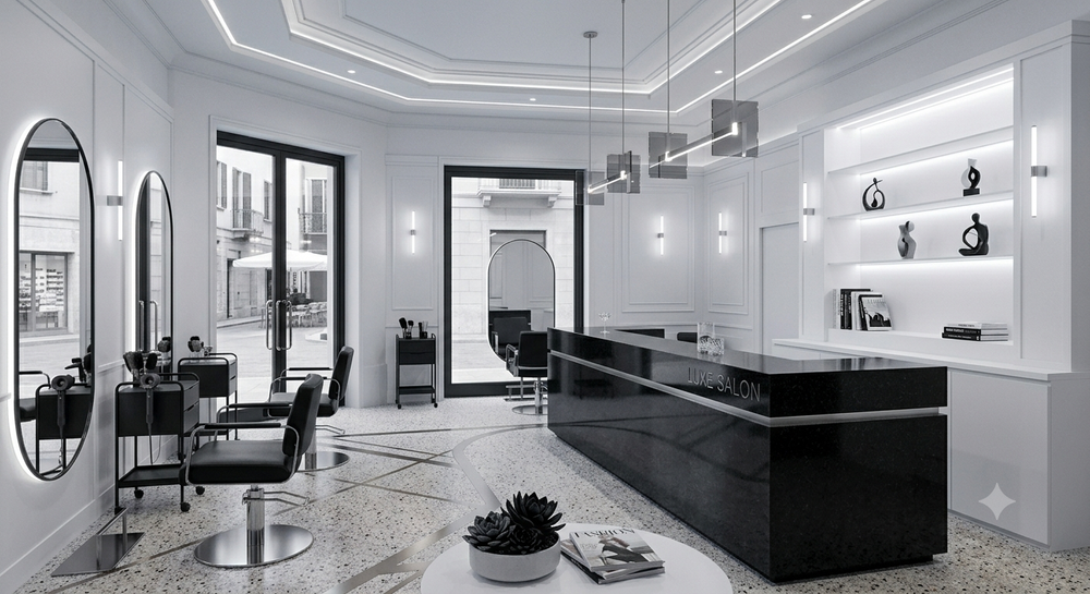 Interni moderni di un salone in bianco e nero con poltrone da parrucchiere, specchi e un bancone centrale per la reception.