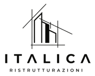 Logo con casa stilizzata nera e testo “ITALICA RISTRUTTURAZIONI” in bianco e nero.