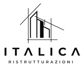 Logo con casa stilizzata nera e testo “ITALICA RISTRUTTURAZIONI” in bianco e nero.