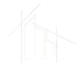 Disegno astratto di una struttura simile a una casa, con travi del tetto inclinate e pilastri verticali.
