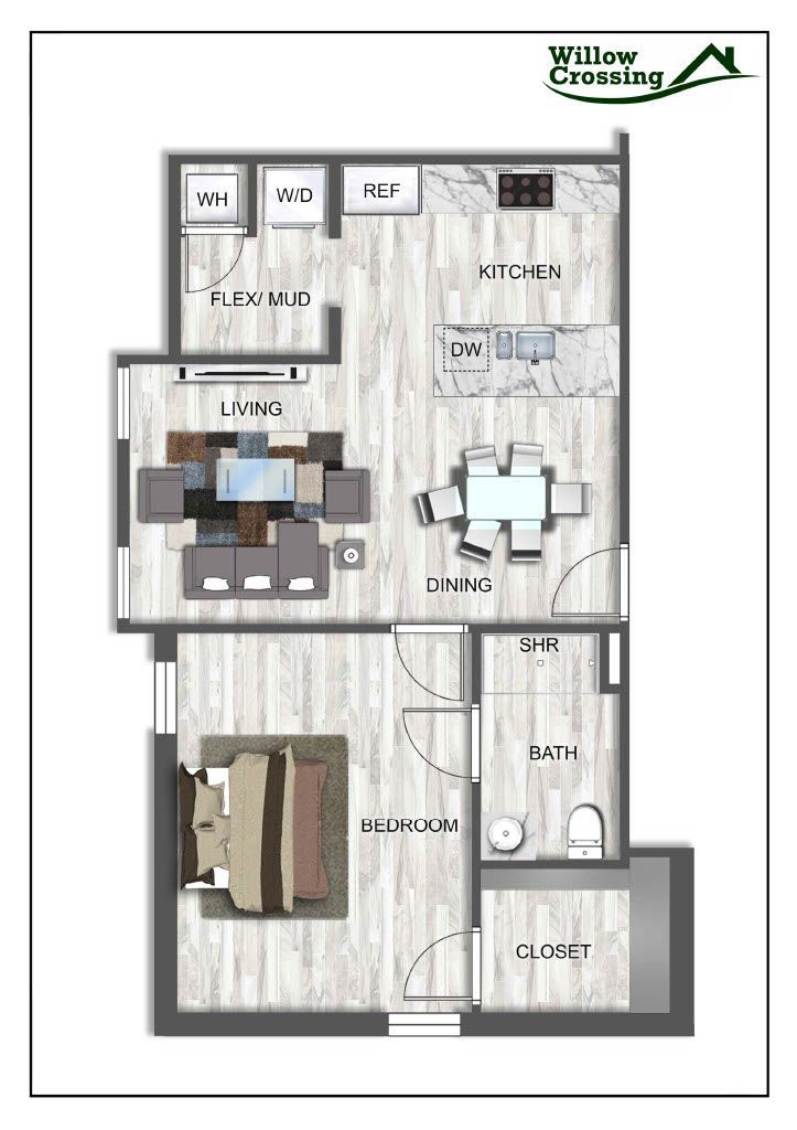 A floor plan of a house with a living room , dining room , and kitchen.